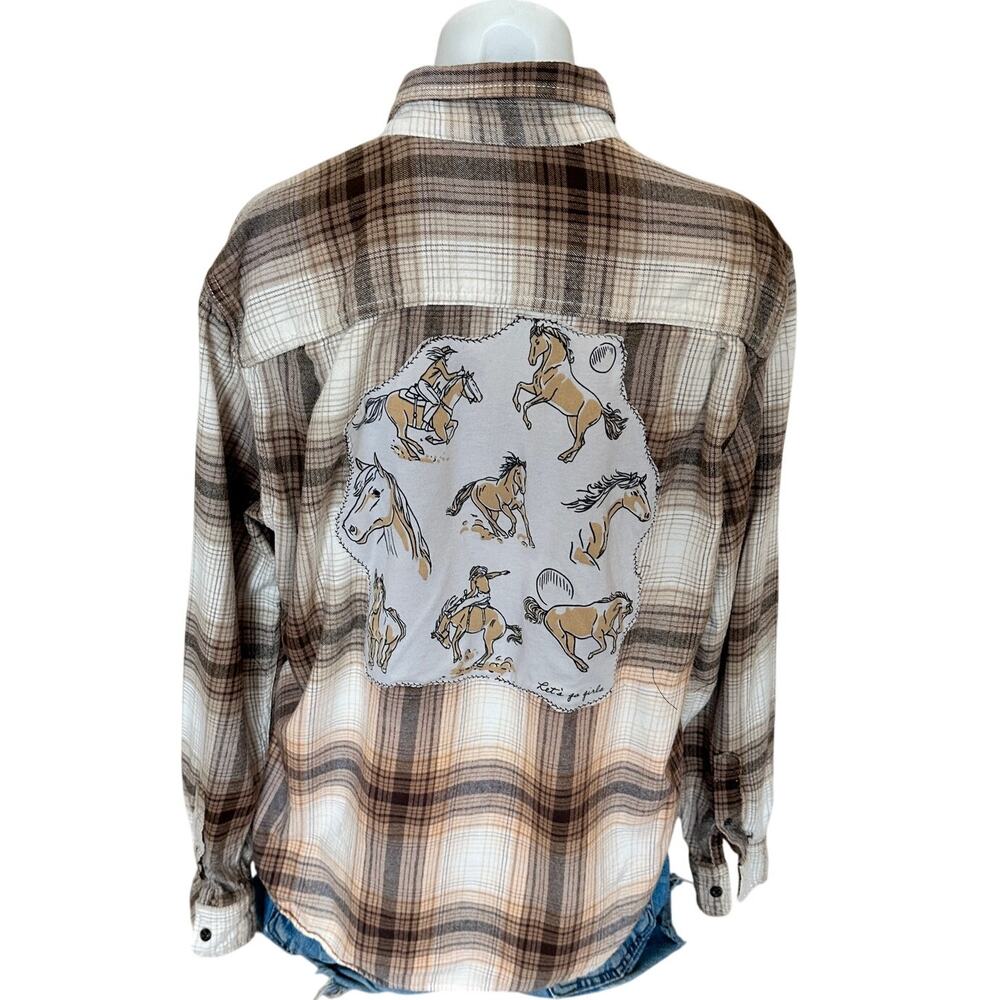 Horse Girl Plaid Flannel Shirt LARGE Oversized Unique Upcycled Cowgirl Western